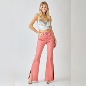Risen High Rise Pink Peach Split Hem Flare Jeans Barbiecore Stretch Various New